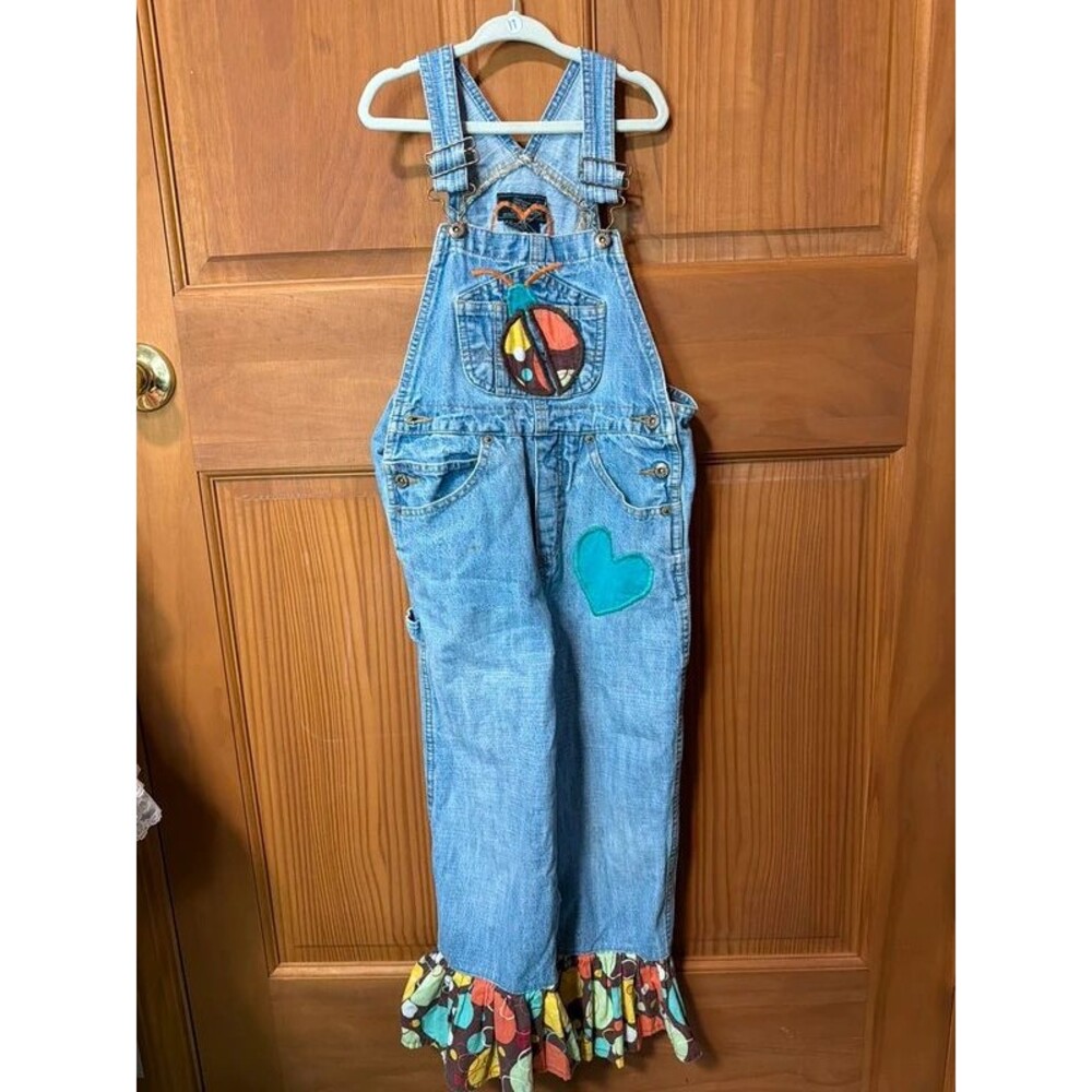 Vintage Route 66 upcycled embroidered ruffle overalls
